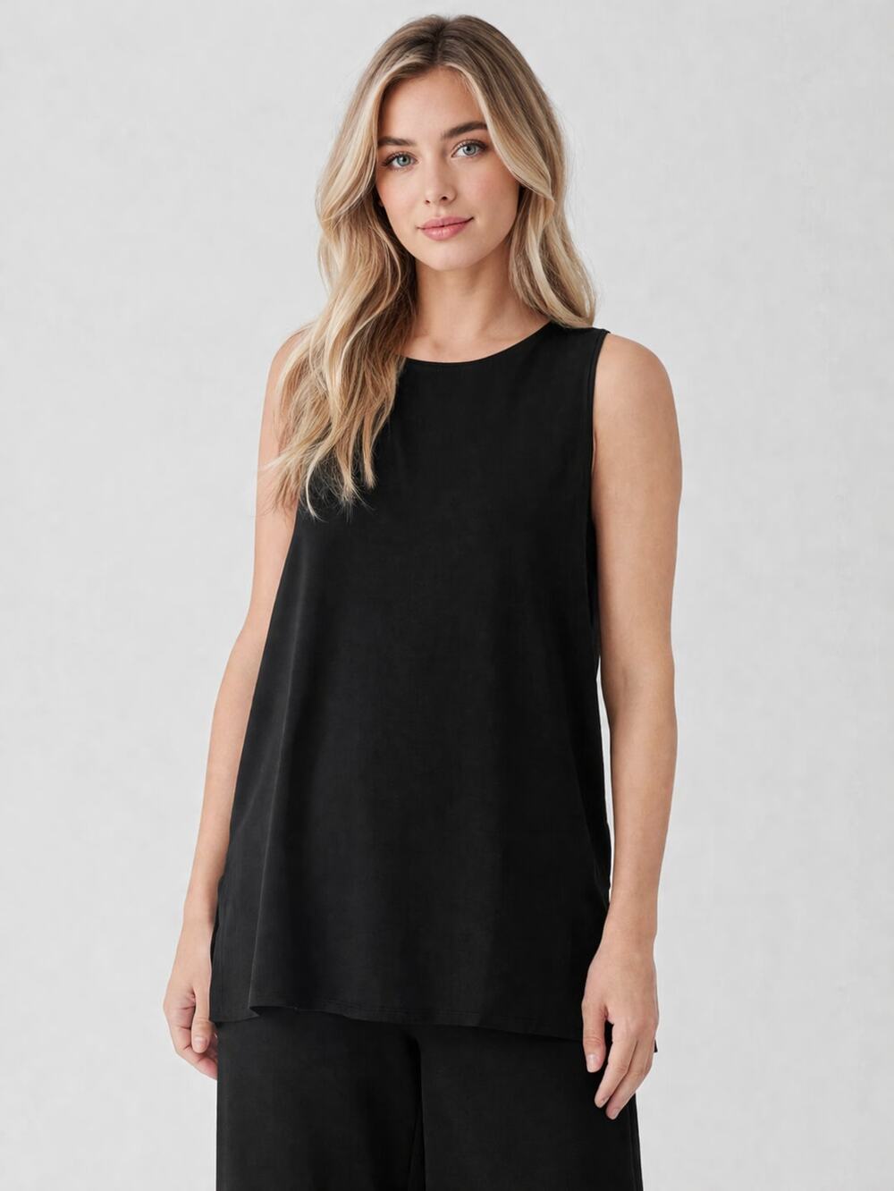 Eileen Fisher Long Tank Womens S Black Stretch Jersey Knit Crew Neck Sleeveless